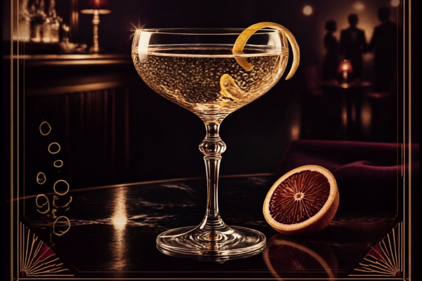 A martini glass with an orange twist on a bar in a dark Art Deco lounge, for Regrets Only